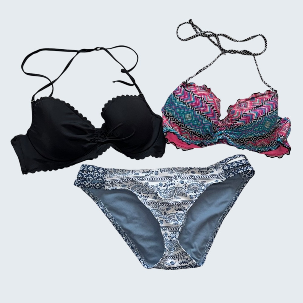 Mixed Bikini Lot Black Scalloped Top Chevron Print Top Blue Patterned Bottoms
